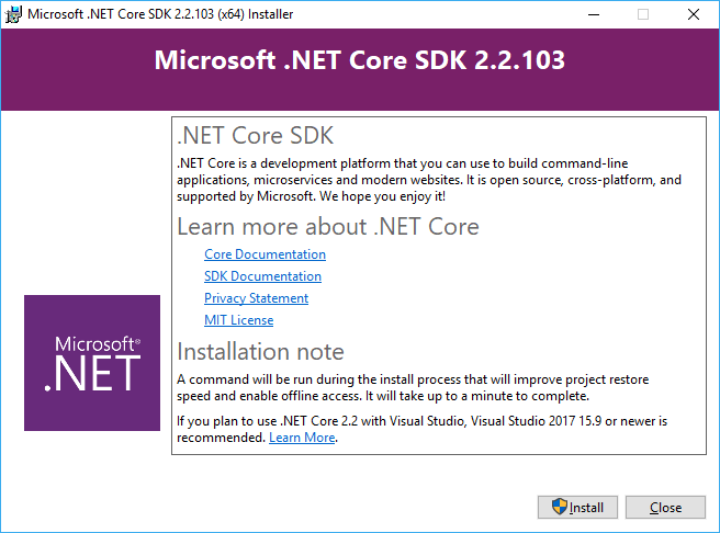 Primeira tela do instalador do .NET Core