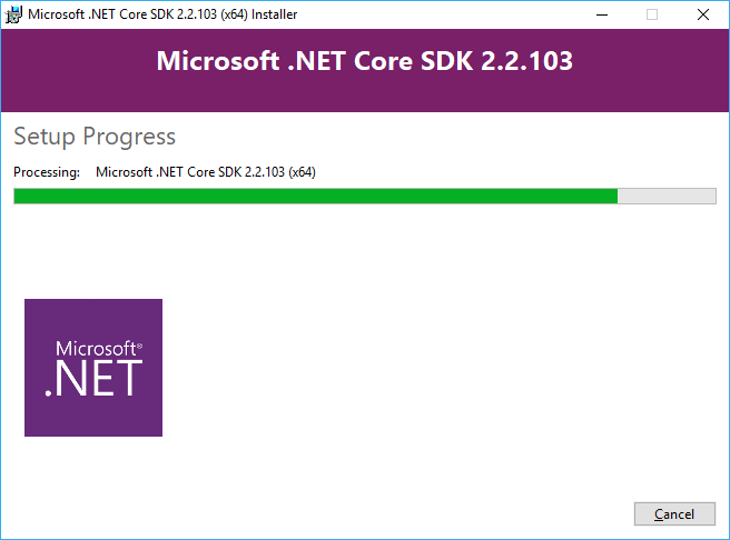 Tela do instalador do .NET Core durante instalação