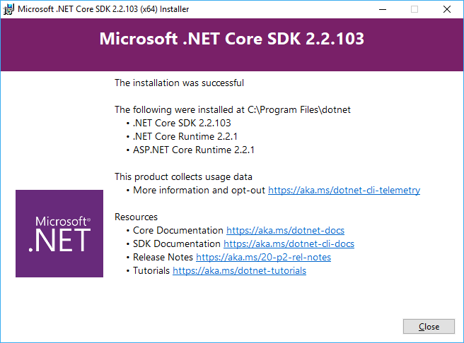 Tela do instalador do .NET Core após instalação concluída