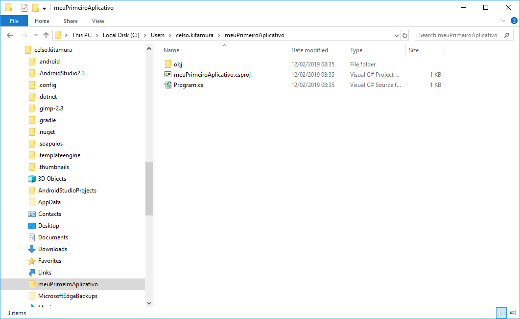 Conteúdo do diretório meuPrimeiroAplicativo visto do Windows Explorer