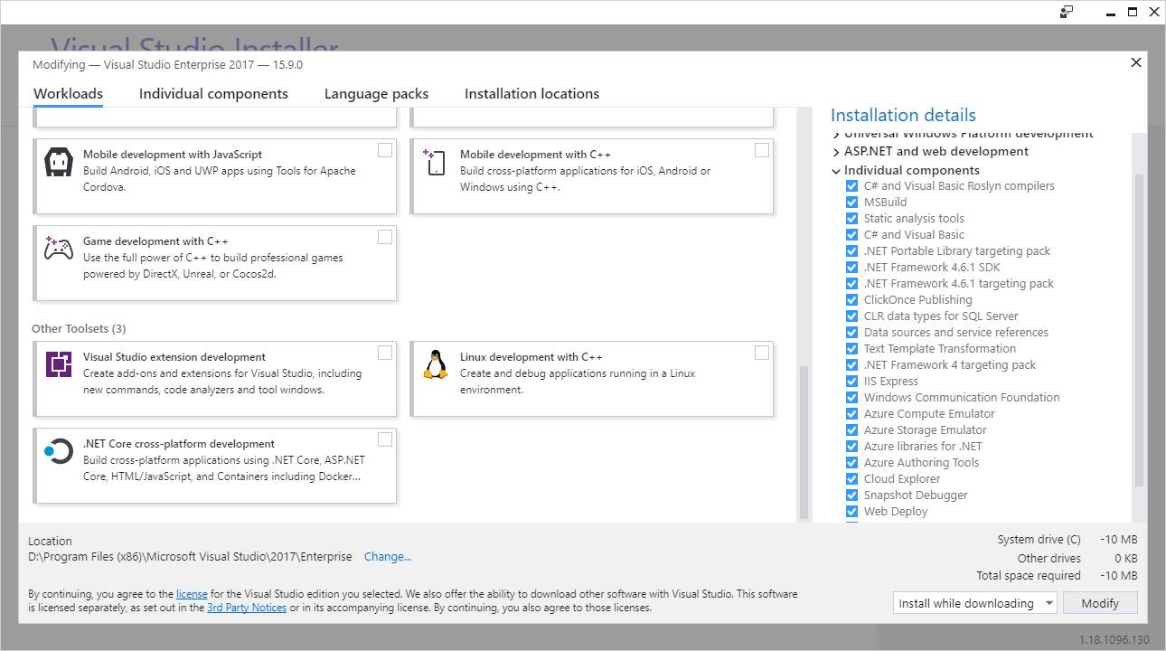 Tela de instalação do Visual Studio. Repare na opção .NET Core cross-platform development.