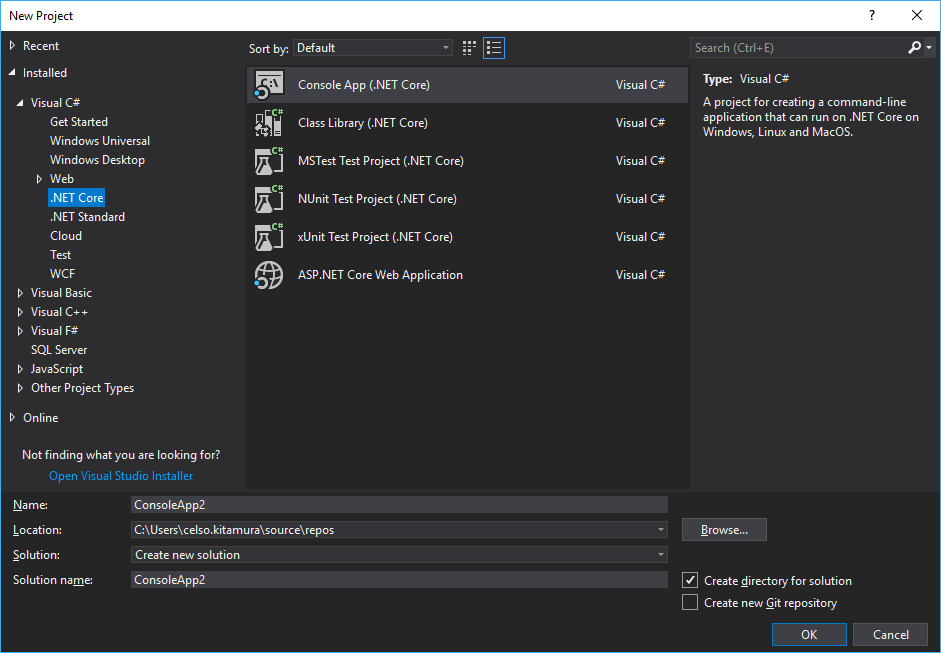 Tela Novo Projeto do Visual Studio. Veja as opções de templates para o .NET Core
