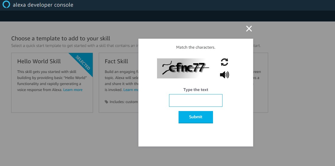 Captcha para completar as configurações iniciais da skill