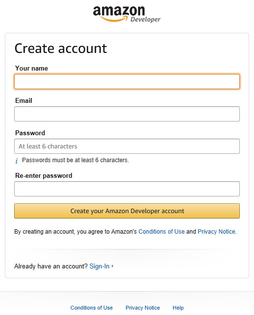 Como Abrir Uma Conta De Desenvolvedor Na Amazon - formulário de cadastro