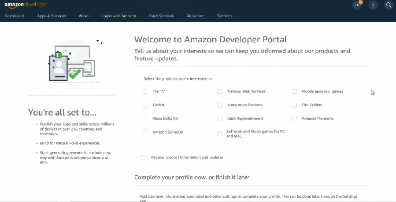 Como Abrir Uma Conta De Desenvolvedor Na Amazon - Formulário de interesses